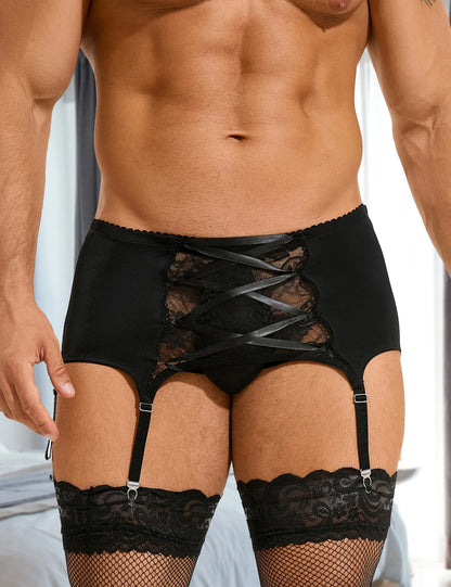 Men's Shiny Swim Fabric Lace Garter Belt | 6 Elastic Straps Adjustable Cross Strap Suspender Underwear