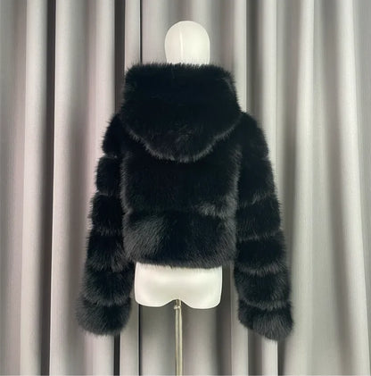 Winter Warm Ladies Fake Fox Fur Jacket Short Fashion Hooded Artificial Fox Fur Coat High Quality Women's Cropped Fur Coat Black