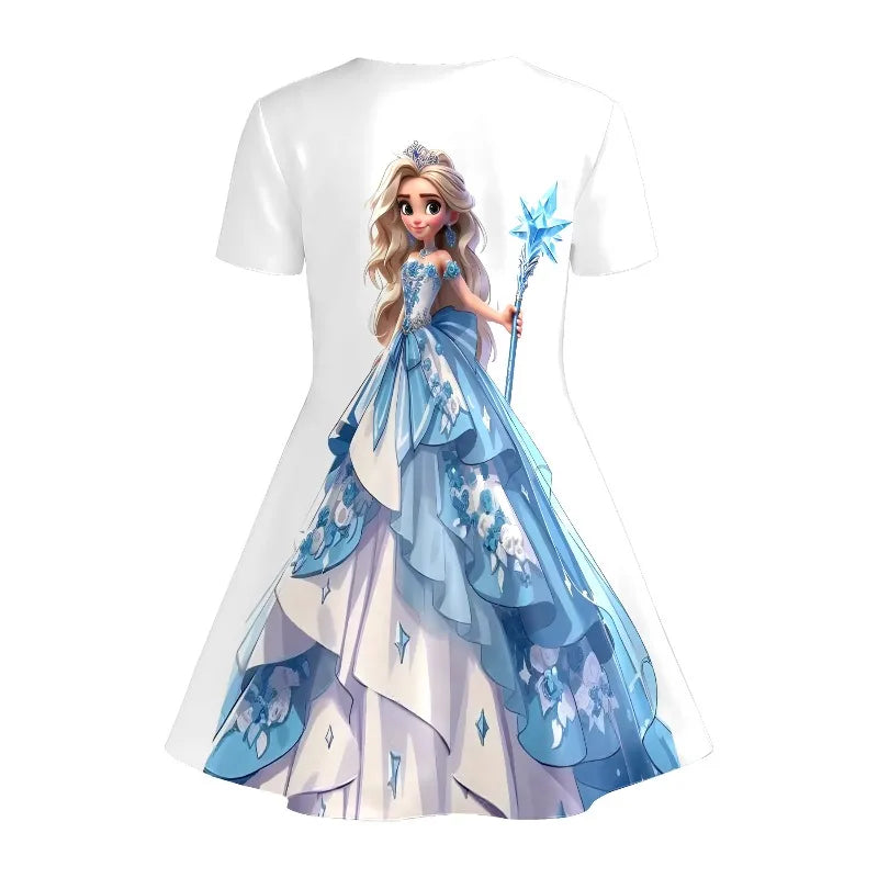Girl Ice Princess Printed T-shirt Dress, Blue and White Fairy Tale Children's Party Casual Dress Suitable for Birthday Gifts