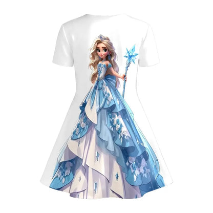 Girl Ice Princess Printed T-shirt Dress, Blue and White Fairy Tale Children's Party Casual Dress Suitable for Birthday Gifts