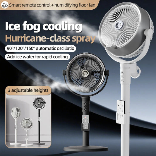 Floor Fan Ice Fog Cooling Hurricane-class spray ice Water Humidifying For Rapid Cooling Smart Remote Control Adjustable Heights