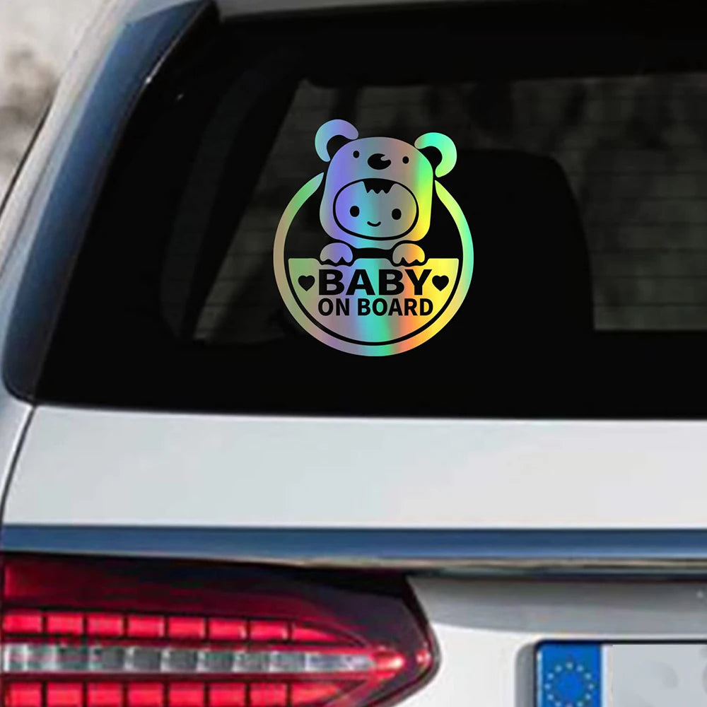Baby On Board" Reflective Car & Motorcycle Decal - Durable Pvc, Cartoon Safety Warning Sticker For Windows