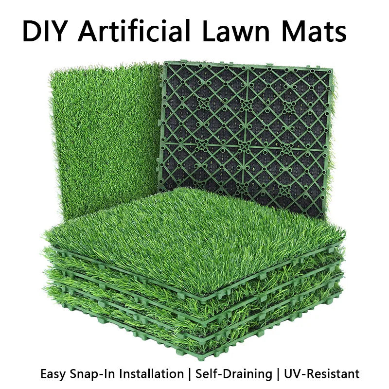 Interlocking Artificial Grass Tiles, 12x12in Self-Draining Fake Grass Deck Tiles, UV-Resistant Synthetic Turf Mats for Patio, Ba