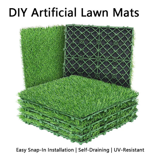 Interlocking Artificial Grass Tiles, 12x12in Self-Draining Fake Grass Deck Tiles, UV-Resistant Synthetic Turf Mats for Patio, Ba
