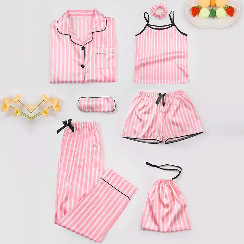 Kids Silk Like Striped Pajama Set 7 Piece Homewear All Season Wear Comfortable Sleepwear Outfit Girl Clothes