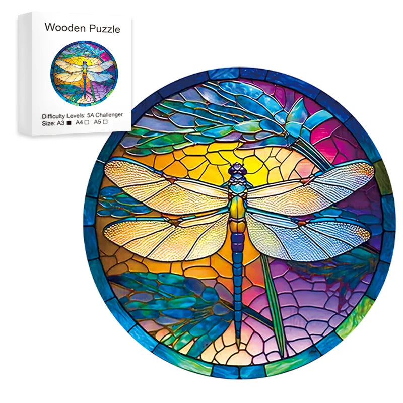 Colorful Dragonfly Wooden Puzzle with Beautiful Gift Package - Unique Shaped Pieces Wooden Toys for Adults Kids, Christmas Gift