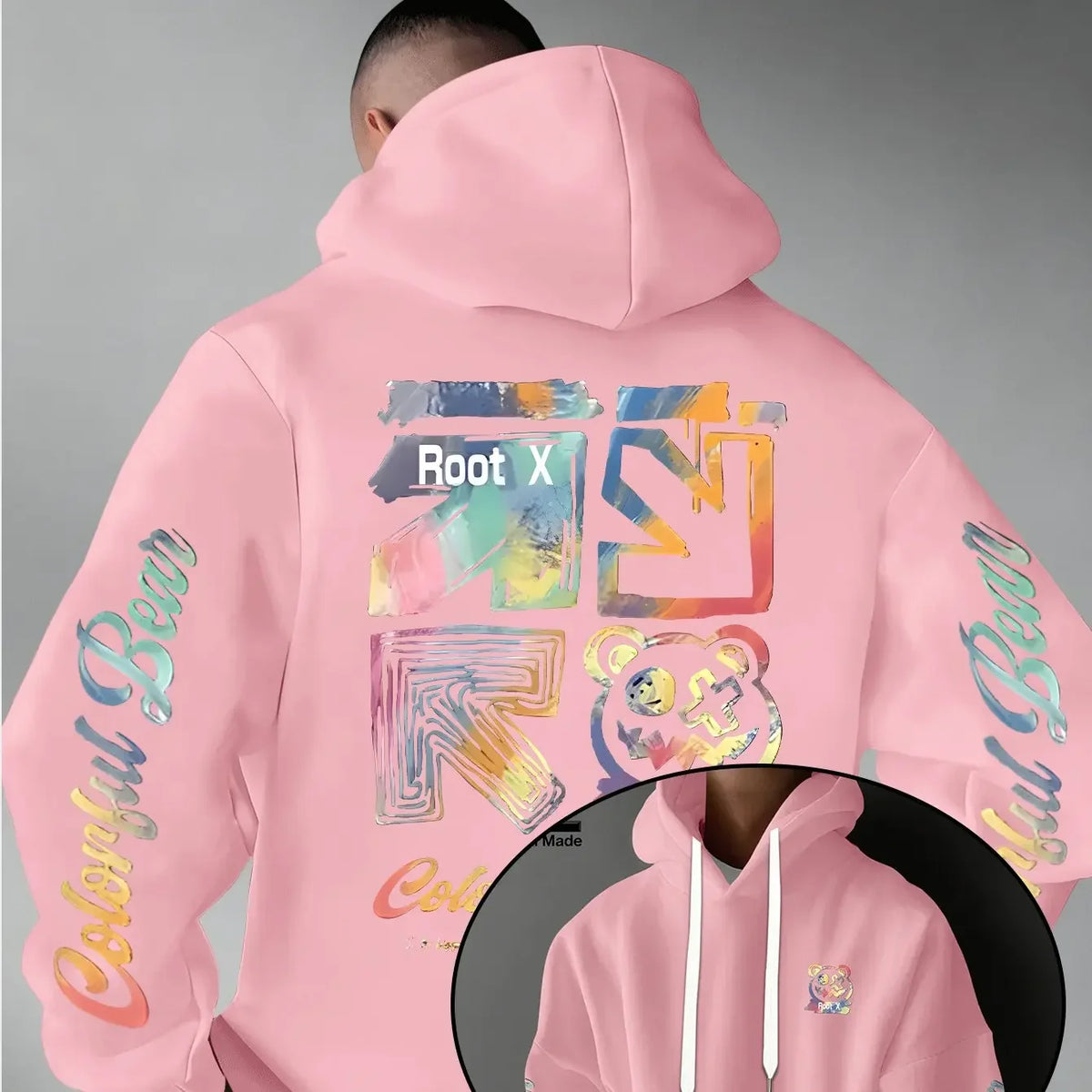 Men Thick Warm Hoodie Rainbow Splash Graffiti Root X Bear Colorful Bear Sleeve Text Print Urban Street Daily Commute Pullover