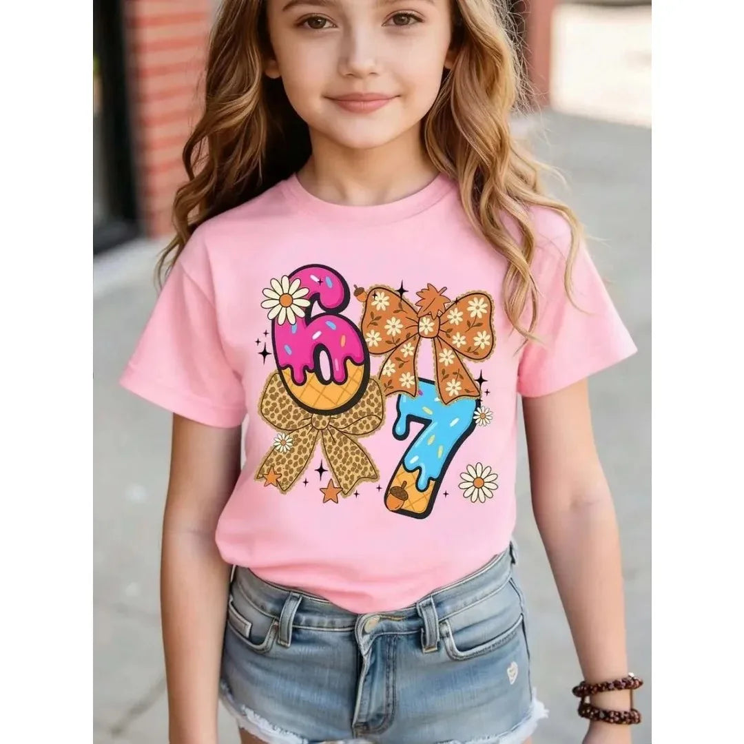 Children's 67 Christmas Elf Print Girls Short Sleeve Round Neck Tee Parties Casual Wear Comfort Children Clothes Girl Clothing