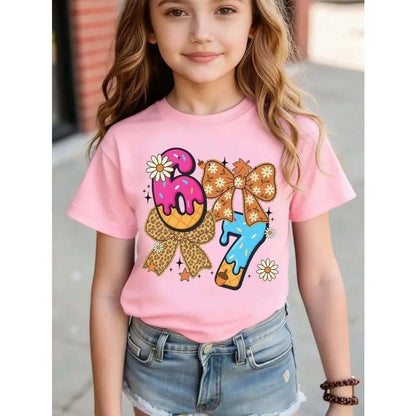 Children's 67 Christmas Elf Print Girls Short Sleeve Round Neck Tee Parties Casual Wear Comfort Children Clothes Girl Clothing