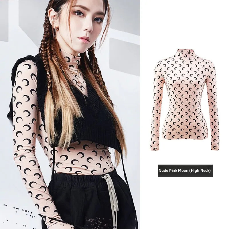 Ice Silk Two Piece Set Womens Sun Protection Clothes Long Sleeve Moon Print Top and Pants American Retro Sexy Autumn New
