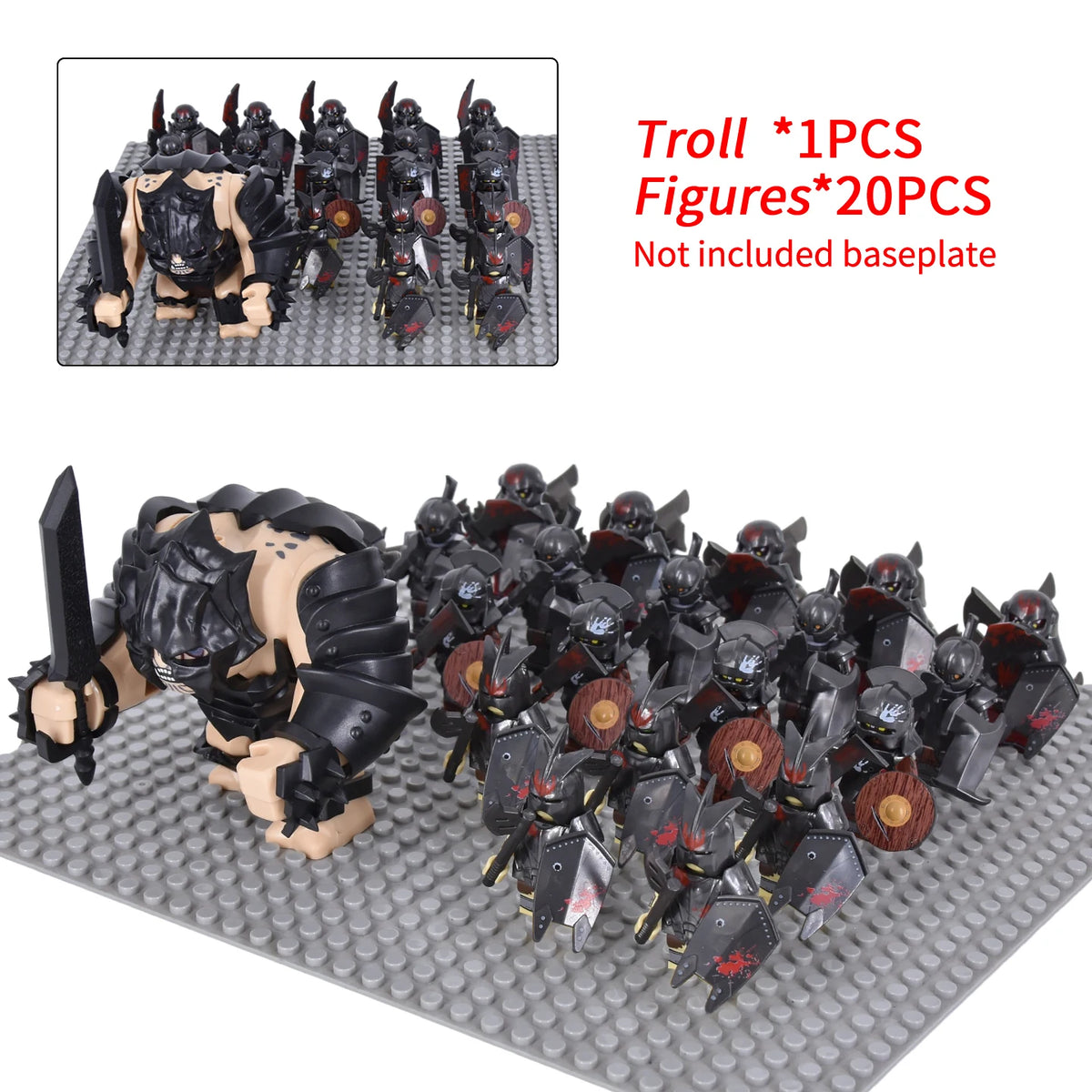 Orc Warrior Block Figures Set, Giant Troll Monster + 20Pcs Armored Soldier Models, Fantasy Army Building Bricks, Detailed Armor