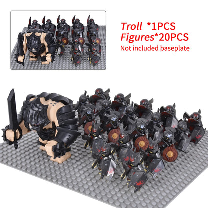 Orc Warrior Block Figures Set, Giant Troll Monster + 20Pcs Armored Soldier Models, Fantasy Army Building Bricks, Detailed Armor