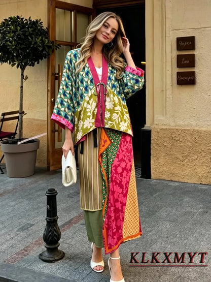 Women Fashion Color-Blocking Sets Sexy Lace Up V-Neck Short Sleeve Top+Ruffle Long Skirts Summer Autumn Vacation New 2 Pieces
