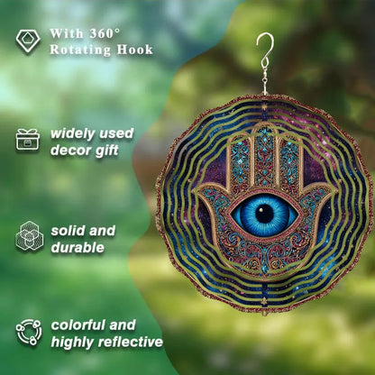 A Windmill Hanging Ornament with a Palm Eye Wind Chime Features a Rotating And Folding Design Made of Metal, Creating a Strong