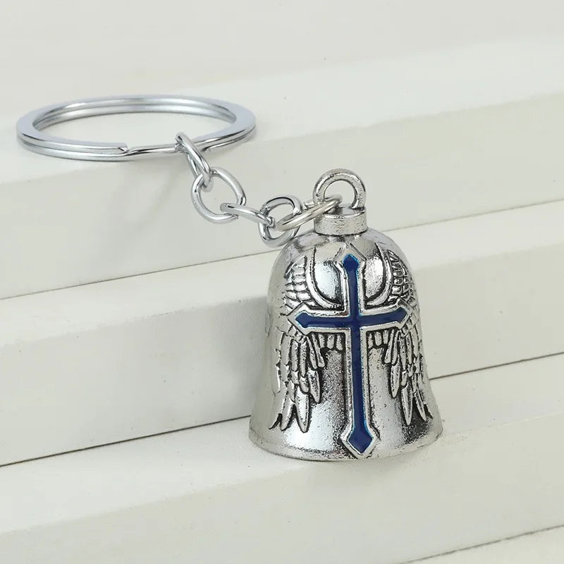 Punk Style Bell Keychain Metal Wing Cross Pendant Vintage Helmet Motorbike Rider Charm Bag Car Key Ring Gift