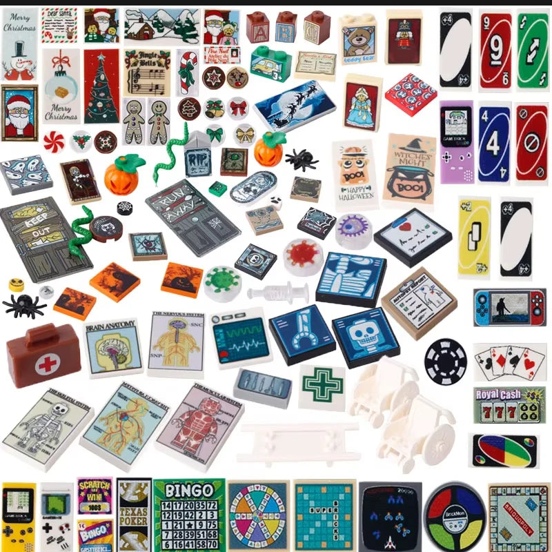 DIY City Tiles Printed Building Blocks Street View Ghost Pumpkin Medical Stretcher Music Package Bricks Christmas Halloween Toys