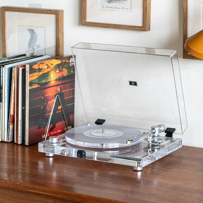 New Transparent Acrylic Vinyl Record Player with BT X10 Transmitter Modern Desktop Turntable for Stylish Wireless Music Playback
