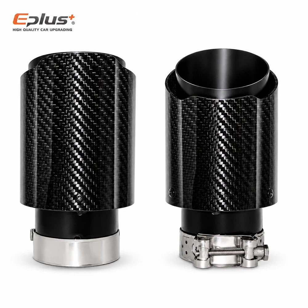 Universal Glossy Carbon Fiber Car Exhaust Muffler Tip Clamp‑On Straight Exhaust Pipe Mufflers Nozzle Straight Stainless Black