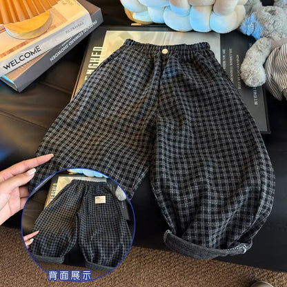 Bellbell Autumn 1-12Yrs Boy Lantern Pant Loose Elastic Waist Plaid Children Boys Trousers Casual Toddler Kids Boys Straight Pant