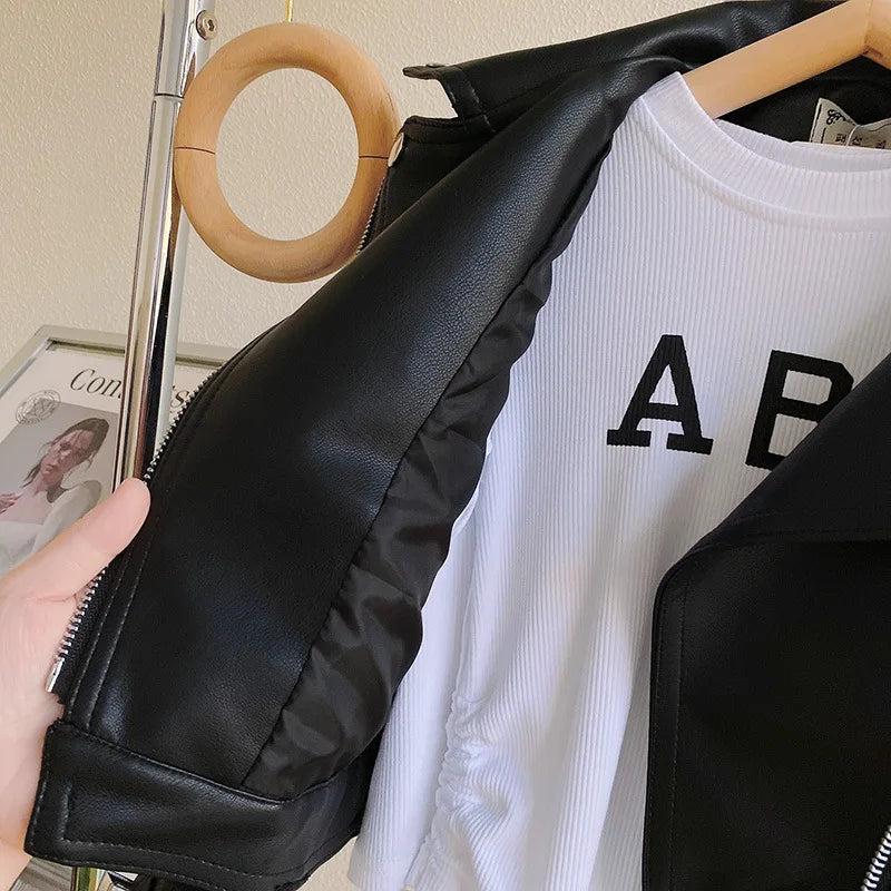 Motorcycle Girls Handsome Leather Jacket Spring Autumn New Short Style Lapel Zipper Coat For 2-8 Years Kids Fashion Pu Outerwear