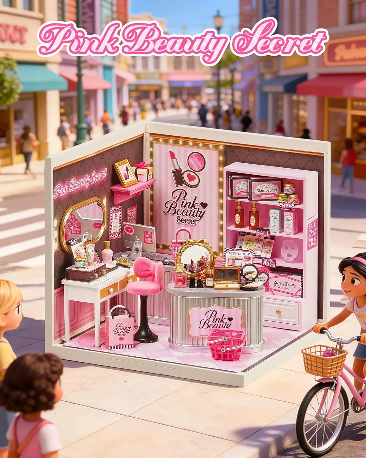 Rolife Pink Beauty Secret Super Creator DIY Miniature House Kit Model Kits for Adults to Build Home Desk Bookshelf Decoration