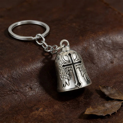 Punk Style Bell Keychain Metal Wing Cross Pendant Vintage Helmet Motorbike Rider Charm Bag Car Key Ring Gift