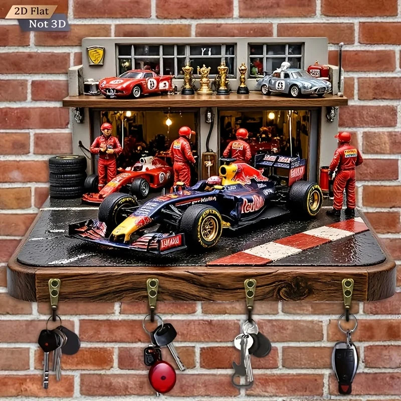 2D Flat. 1pc. Racing-Themed Key Hook - Multi-Functional Decorative Key Holder with Four Metal Hooks, Wall Decoration, Room