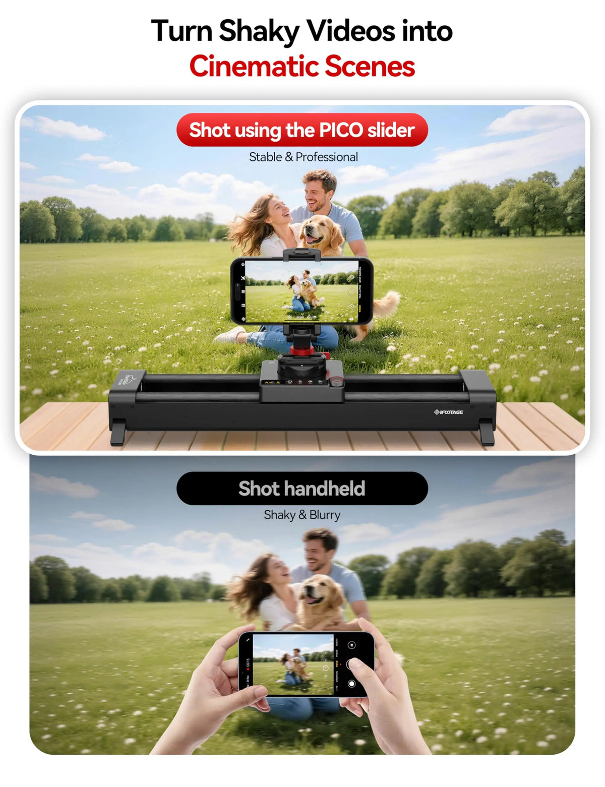 IFOOTAGE Shark Slider PICO PRO, 15.75'' Motorized Slider for DJI Pocket 3/4, Action Cameras and Smart Phones, Dual-Axis 360°