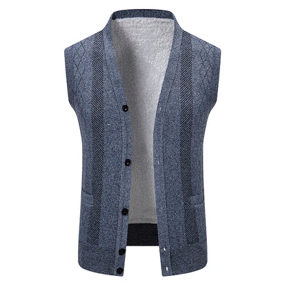 Mens Sleeveless Cardigan Knit Sweater Vest V Neck Button Down Cardigan Sweaters Knitted Dad's Argyle Vest with Pocket