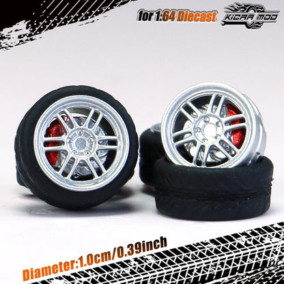 Kicarmod 1/64 Model Car ABS Wheels with Rubber Tire Brake Disc Refitting Parts Diameter 10mm For Model Car Tomica
