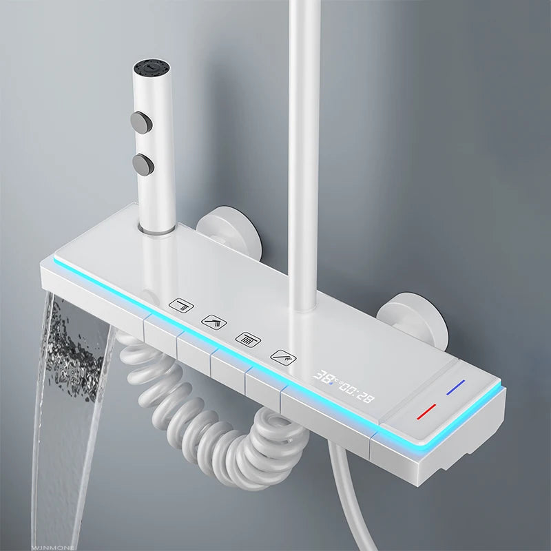 Modern Bathrooms Shower System Set Glass Panel Bathtub Rain LED Display Rainfall Shower Mixer Tap Thermostatic Faucet with Light