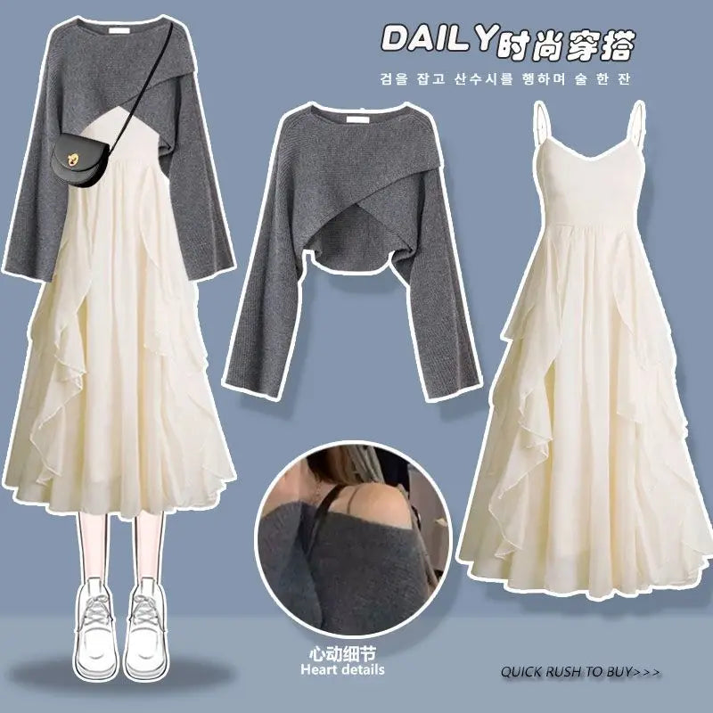 2026 Women's Spring Autumn New Dress Matching Set Female Elegant Short Knitted Sweater+Irregular Sexy Strap Skirt Two Piece Suit
