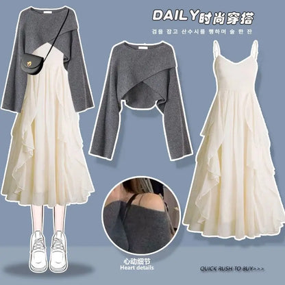 2026 Women's Spring Autumn New Dress Matching Set Female Elegant Short Knitted Sweater+Irregular Sexy Strap Skirt Two Piece Suit