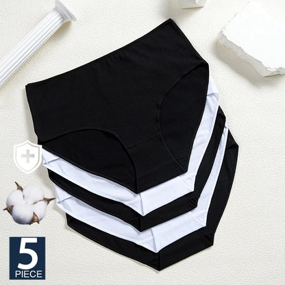 FINETOO 5Pcs Cotton Panties Women High Waist Briefs Seamless Underwear Breathable Underpants Solid Color Panty S-2XL Intimates