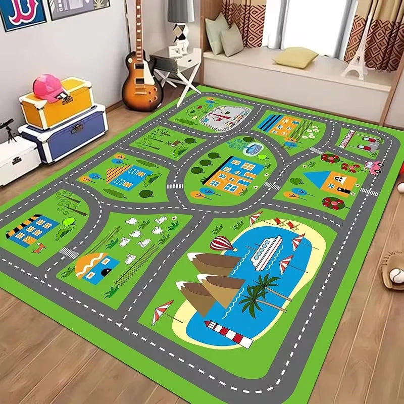 Kids Cartoon City Traffic Road Map Carpet Soft Anti Slip Educational Play Mat for Toddlers Playroom Bedroom Living Room