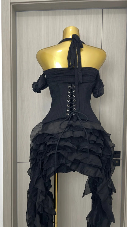 Women Skirt Suit Draped Dress Three Piece Sets Sexy Halter Ruffled Dress Lace-up Corset Top Shorts Party Cocktail Dress Vestidos
