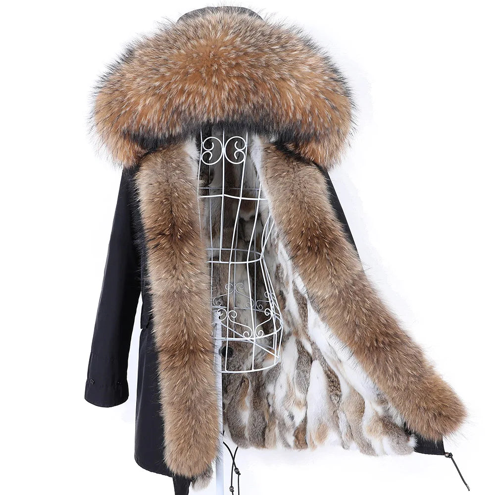 2026 Maomaokong Women's Winter Coats Rabbit Lining Jacket Natural Real Raccoon Fur Collar Parka Fox Fur Long Female Clothing