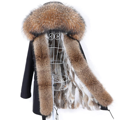 2026 Maomaokong Women's Winter Coats Rabbit Lining Jacket Natural Real Raccoon Fur Collar Parka Fox Fur Long Female Clothing
