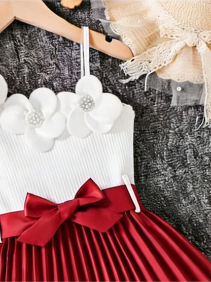 Cute and elegant girl color blocked pleated skirt sleeveless suspender solid color floral mid length dress