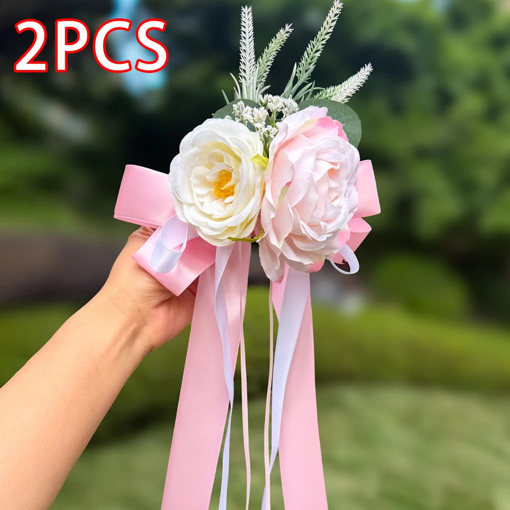 2pcs Artificial Rose Decor Flower with Suction Cup for Wedding Car Rearview Mirror Decor Ceremony Chair Back Floral Reception