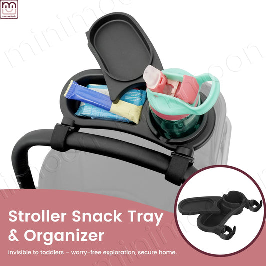 2-Tier Stroller Snack Tray with Cup Holder, Anti-Slip Webbing Attachment, Stable Tray for Toddler Kids On-the-Go