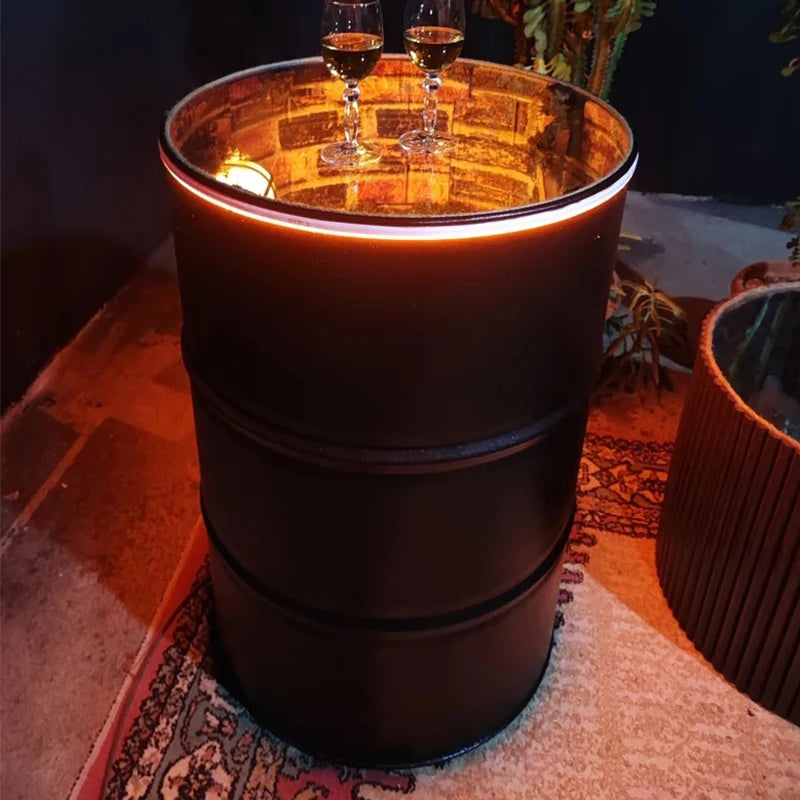 New Arrival Hot Sales Barrel Design Bar Height Table Customized Logo Infinity Mirror Nightclub Pub Led Light Up Furniture