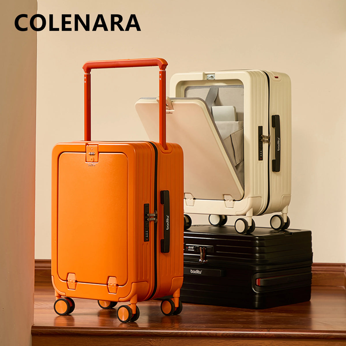 COLENARA Luggage New 20 Inch Women's Boarding Case Front Opening Laptop Trolley Case 24"26" Student Carry on Travel Suitcase