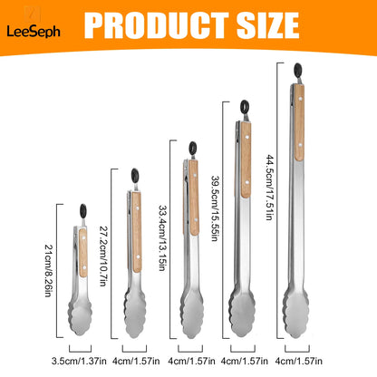 Leeseph Stainless Steel Food Tongs, Heavy Duty Kitchen Tongs with Wooden Handle for Cooking, Grilling and BBQ, 7-16 Inch Length