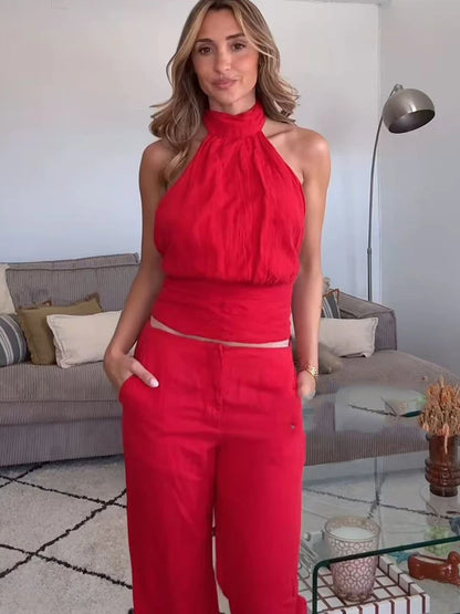 TFMLN Women's Red Ruffled Top Set Halter Crop Backless Sleeveless Top Chic High Waist Straight Trousers Outfit Fashion Sexy