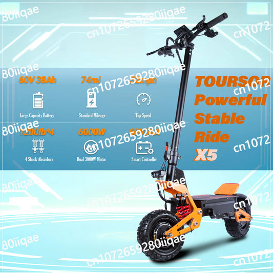 X5 6000W Dual Motor Eelectric Scooter in China Stock 60v 40ah Large Battery Remote Scooter with Seat 11-inch Tires