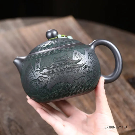 740ml Chinese Tradition Yixing Purple Clay Teapot Handmade Landscape Tea Pot Large Capacity Xishi Kettle Household Tea Set