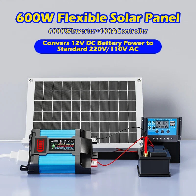 6000W Solar Inverter Kit 600W Solar Panel 12V Battery Charging Controller Complete Power Generation System 110V 220V Home
