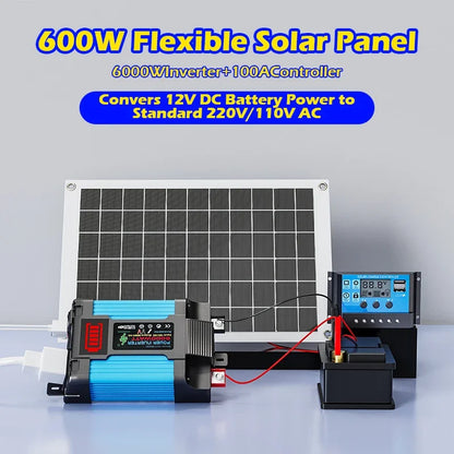 6000W Solar Inverter Kit 600W Solar Panel 12V Battery Charging Controller Complete Power Generation System 110V 220V Home