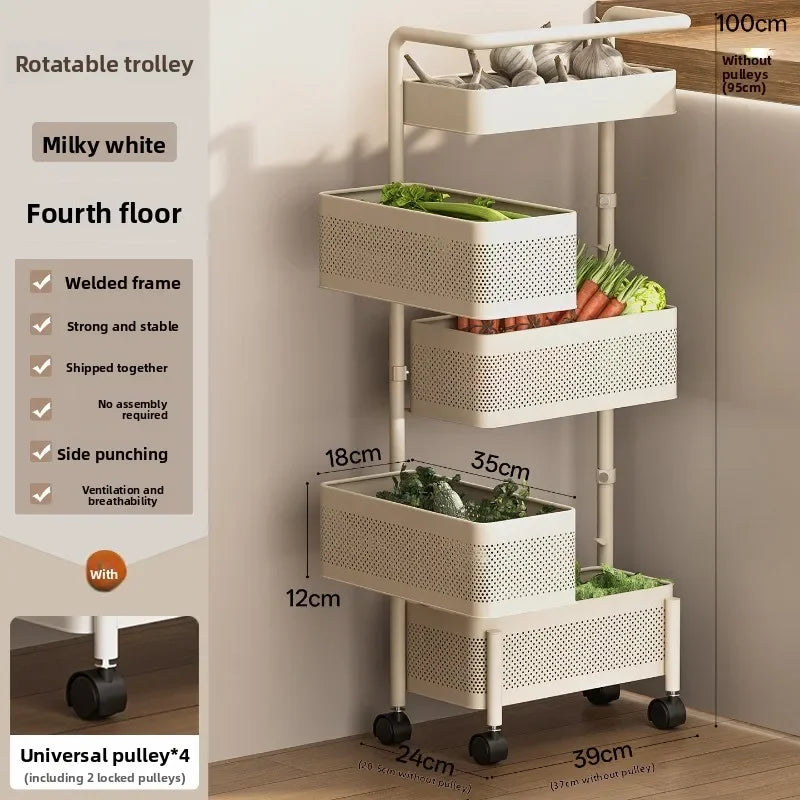 Rotating Kitchen Storage Cart Multi-Tier Basket for Vegetables Snacks Space Saving Corner Pantry Shelf Mobile Metal Mesh Trolley